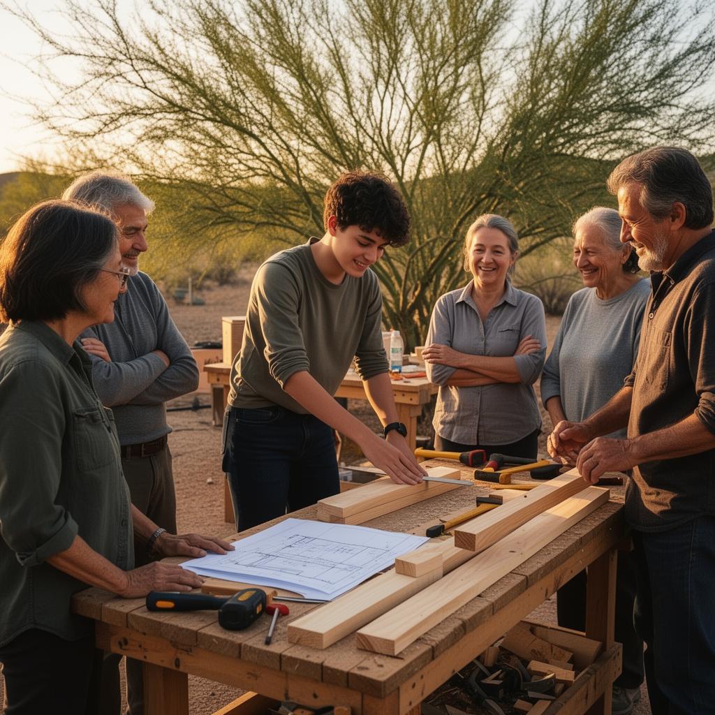 A small group at an outdoor workshop sorting mesquite beans into woven baskets.